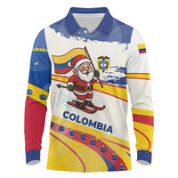 Colombia Christmas Long Sleeve Polo Shirt with Santa Skiing Colombian Flag and Holiday Ornament - Wonder Print Shop