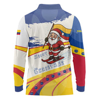 Colombia Christmas Long Sleeve Polo Shirt with Santa Skiing Colombian Flag and Holiday Ornament - Wonder Print Shop