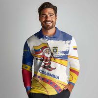 Colombia Christmas Long Sleeve Polo Shirt with Santa Skiing Colombian Flag and Holiday Ornament - Wonder Print Shop