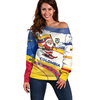 Colombia Christmas Off Shoulder Sweater with Santa Skiing Colombian Flag and Holiday Ornament - Wonder Print Shop