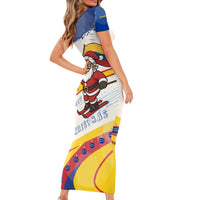 Colombia Christmas Short Sleeve Bodycon Dress with Santa Skiing Colombian Flag and Holiday Ornament - Wonder Print Shop