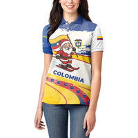 Colombia Christmas Women Polo Shirt with Santa Skiing Colombian Flag and Holiday Ornament - Wonder Print Shop