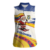 Colombia Christmas Women Sleeveless Polo Shirt with Santa Skiing Colombian Flag and Holiday Ornament - Wonder Print Shop