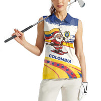 Colombia Christmas Women Sleeveless Polo Shirt with Santa Skiing Colombian Flag and Holiday Ornament - Wonder Print Shop