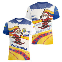 Colombia Christmas Women V-Neck T-Shirt with Santa Skiing Colombian Flag and Holiday Ornament - Wonder Print Shop