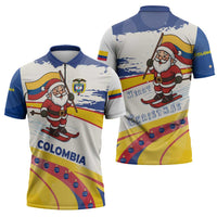 Colombia Christmas Zipper Polo Shirt with Santa Skiing Colombian Flag and Holiday Ornament - Wonder Print Shop