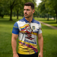 Colombia Christmas Zipper Polo Shirt with Santa Skiing Colombian Flag and Holiday Ornament - Wonder Print Shop
