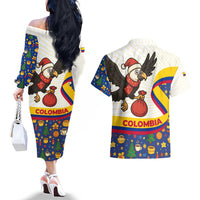 Colombia Christmas Couples Matching Off The Shoulder Long Sleeve Dress and Hawaiian Shirt with Santa Condor Gift Bag and Holiday Food Pattern - Wonder Print Shop