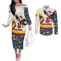 Colombia Christmas Couples Matching Off The Shoulder Long Sleeve Dress and Long Sleeve Button Shirt with Santa Condor Gift Bag and Holiday Food Pattern - Wonder Print Shop