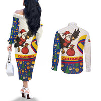 Colombia Christmas Couples Matching Off The Shoulder Long Sleeve Dress and Long Sleeve Button Shirt with Santa Condor Gift Bag and Holiday Food Pattern - Wonder Print Shop