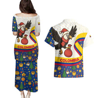 Colombia Christmas Couples Matching Puletasi and Hawaiian Shirt with Santa Condor Gift Bag and Holiday Food Pattern - Wonder Print Shop