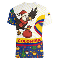 Colombia Christmas Women V-Neck T-Shirt with Santa Condor Gift Bag and Holiday Food Pattern - Wonder Print Shop