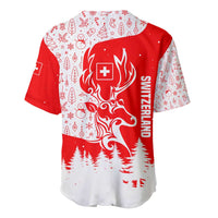 Switzerland Christmas Baseball Jersey with Red Reindeer Snow Forest and Holiday Icon - Wonder Print Shop