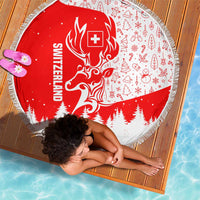 Switzerland Christmas Beach Blanket with Red Reindeer Snow Forest and Holiday Icon - Wonder Print Shop