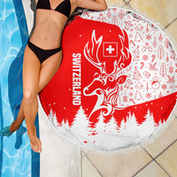 Switzerland Christmas Beach Blanket with Red Reindeer Snow Forest and Holiday Icon - Wonder Print Shop