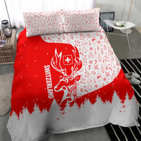 Switzerland Christmas Bedding Set with Red Reindeer Snow Forest and Holiday Icon - Wonder Print Shop