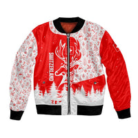 Switzerland Christmas Bomber Jacket with Red Reindeer Snow Forest and Holiday Icon - Wonder Print Shop