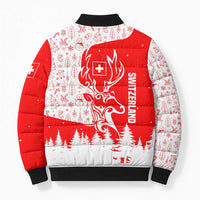 Switzerland Christmas Bomber Puffer Jacket with Red Reindeer Snow Forest and Holiday Icon - Wonder Print Shop