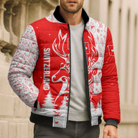 Switzerland Christmas Bomber Puffer Jacket with Red Reindeer Snow Forest and Holiday Icon - Wonder Print Shop