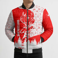 Switzerland Christmas Bomber Puffer Jacket with Red Reindeer Snow Forest and Holiday Icon - Wonder Print Shop