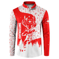 Switzerland Christmas Button Sweatshirt with Red Reindeer Snow Forest and Holiday Icon - Wonder Print Shop