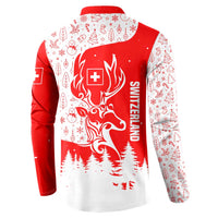 Switzerland Christmas Button Sweatshirt with Red Reindeer Snow Forest and Holiday Icon - Wonder Print Shop