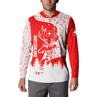 Switzerland Christmas Button Sweatshirt with Red Reindeer Snow Forest and Holiday Icon - Wonder Print Shop