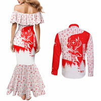 Switzerland Christmas Couples Matching Mermaid Dress and Long Sleeve Button Shirt with Red Reindeer Snow Forest and Holiday Icon - Wonder Print Shop