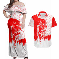 Switzerland Christmas Couples Matching Off Shoulder Maxi Dress and Hawaiian Shirt with Red Reindeer Snow Forest and Holiday Icon - Wonder Print Shop