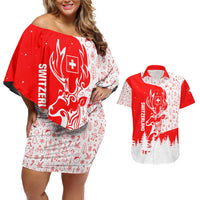 Switzerland Christmas Couples Matching Off Shoulder Short Dress and Hawaiian Shirt with Red Reindeer Snow Forest and Holiday Icon - Wonder Print Shop