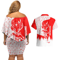 Switzerland Christmas Couples Matching Off Shoulder Short Dress and Hawaiian Shirt with Red Reindeer Snow Forest and Holiday Icon - Wonder Print Shop
