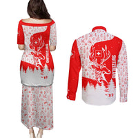 Switzerland Christmas Couples Matching Puletasi and Long Sleeve Button Shirt with Red Reindeer Snow Forest and Holiday Icon - Wonder Print Shop
