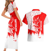 Switzerland Christmas Couples Matching Short Sleeve Bodycon Dress and Hawaiian Shirt with Red Reindeer Snow Forest and Holiday Icon - Wonder Print Shop