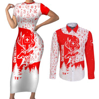 Switzerland Christmas Couples Matching Short Sleeve Bodycon Dress and Long Sleeve Button Shirt with Red Reindeer Snow Forest and Holiday Icon - Wonder Print Shop