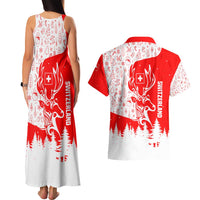 Switzerland Christmas Couples Matching Tank Maxi Dress and Hawaiian Shirt with Red Reindeer Snow Forest and Holiday Icon - Wonder Print Shop