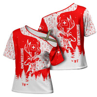 Switzerland Christmas Cross Shoulder Shirt with Red Reindeer Snow Forest and Holiday Icon - Wonder Print Shop