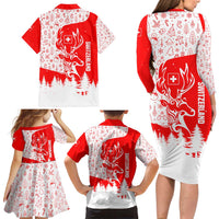 Switzerland Christmas Family Matching Long Sleeve Bodycon Dress and Hawaiian Shirt with Red Reindeer Snow Forest and Holiday Icon - Wonder Print Shop