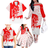 Switzerland Christmas Family Matching Off The Shoulder Long Sleeve Dress and Hawaiian Shirt with Red Reindeer Snow Forest and Holiday Icon - Wonder Print Shop
