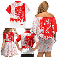 Switzerland Christmas Family Matching Off Shoulder Short Dress and Hawaiian Shirt with Red Reindeer Snow Forest and Holiday Icon - Wonder Print Shop
