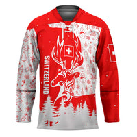 Switzerland Christmas Hockey Jersey with Red Reindeer Snow Forest and Holiday Icon - Wonder Print Shop