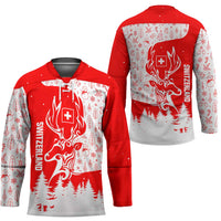 Switzerland Christmas Hockey Jersey with Red Reindeer Snow Forest and Holiday Icon - Wonder Print Shop