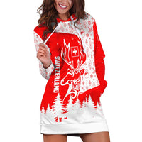 Switzerland Christmas Hoodie Dress with Red Reindeer Snow Forest and Holiday Icon - Wonder Print Shop
