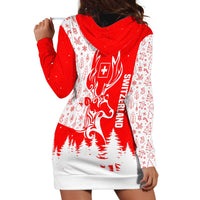 Switzerland Christmas Hoodie Dress with Red Reindeer Snow Forest and Holiday Icon - Wonder Print Shop