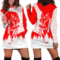 Switzerland Christmas Hoodie Dress with Red Reindeer Snow Forest and Holiday Icon - Wonder Print Shop