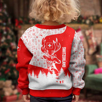Switzerland Christmas Kid Ugly Christmas Sweater with Red Reindeer Snow Forest and Holiday Icon - Wonder Print Shop