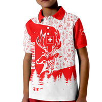 Switzerland Christmas Kid Polo Shirt with Red Reindeer Snow Forest and Holiday Icon - Wonder Print Shop