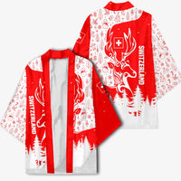 Switzerland Christmas Kimono with Red Reindeer Snow Forest and Holiday Icon - Wonder Print Shop