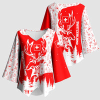 Switzerland Christmas Kimono Sleeve Blouse with Red Reindeer Snow Forest and Holiday Icon - Wonder Print Shop
