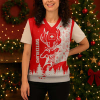 Switzerland Christmas Knitted V-Neck Vest with Red Reindeer Snow Forest and Holiday Icon - Wonder Print Shop