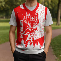 Switzerland Christmas Knitted V-Neck Vest with Red Reindeer Snow Forest and Holiday Icon - Wonder Print Shop